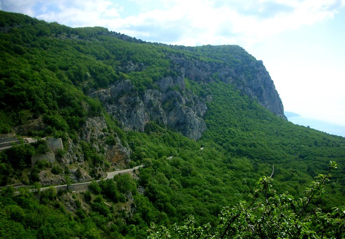 Black Sea coastline heading up into the Crimean Mountains